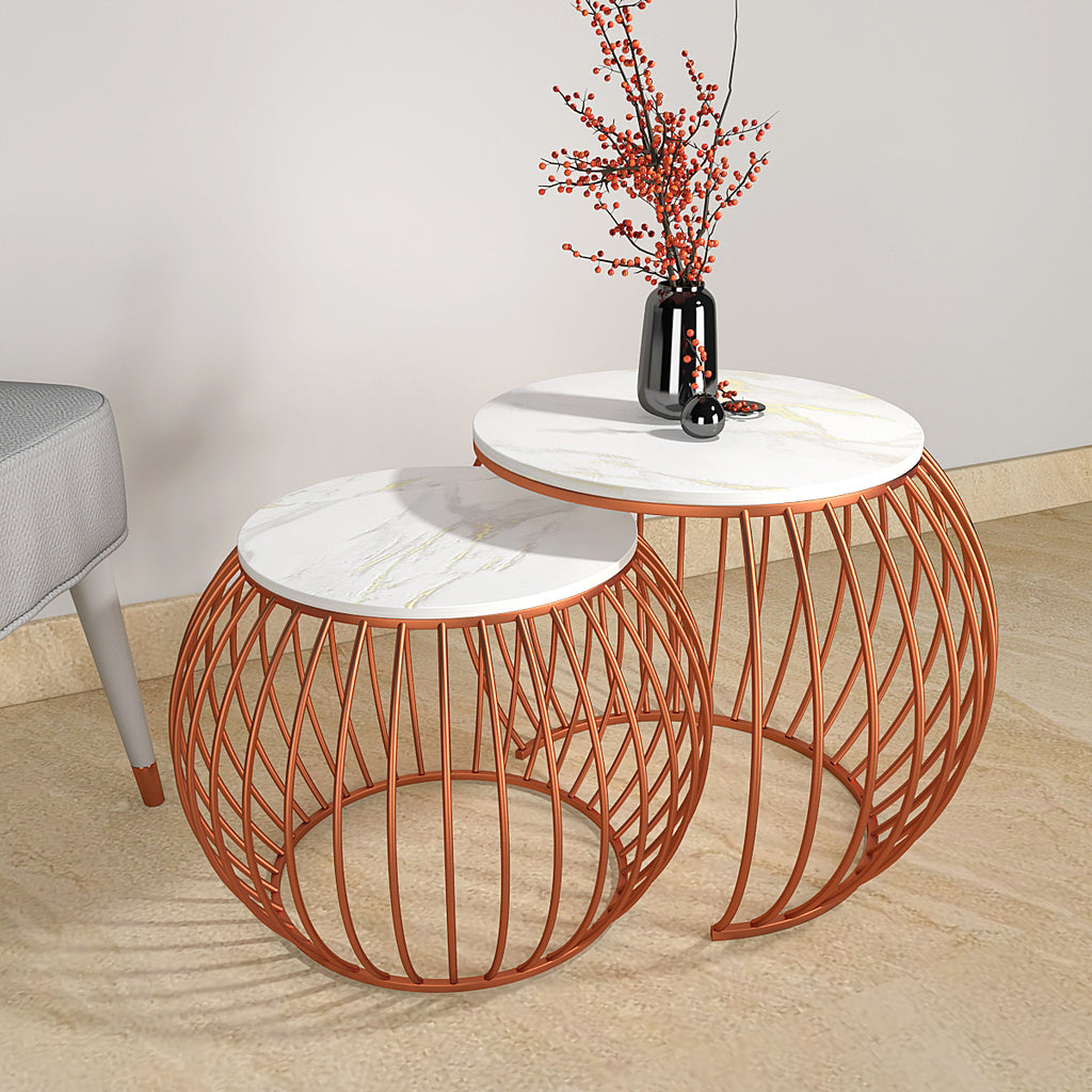 Ornate Round Copper Coffee Table Set of 2