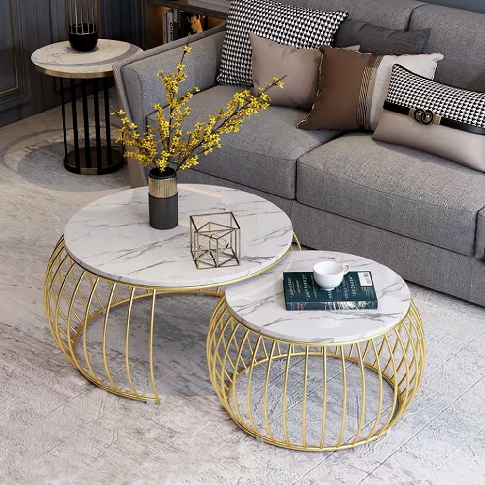 Ornate Rounded Metallic Marble Nested Coffee Table Set of 2