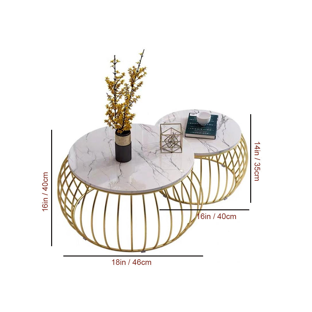 Ornate Rounded Metallic Marble Nested Coffee Table Set of 2