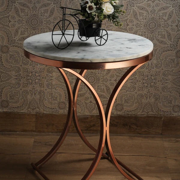 Premium Copper Metal Finish Coffee Side Table with Marble Top