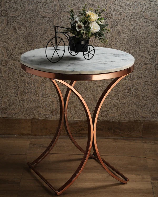 Premium Copper Metal Finish Coffee Side Table with Marble Top