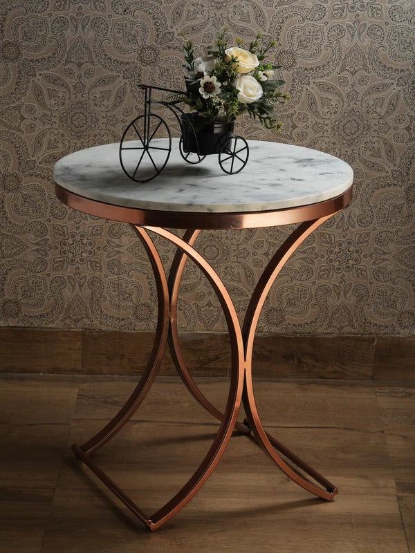 Premium Copper Metal Finish Coffee Side Table with Marble Top