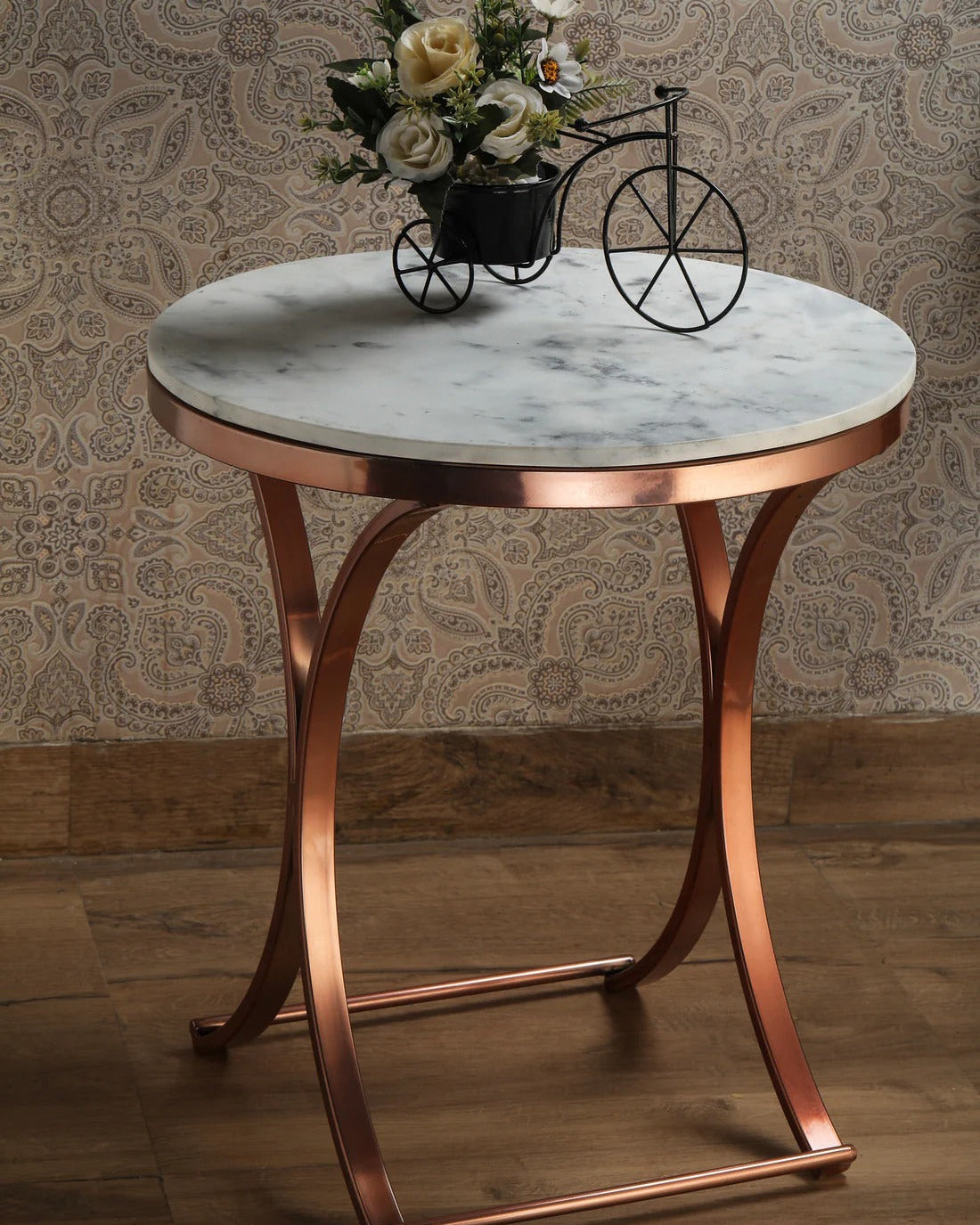 Premium Copper Metal Finish Coffee Side Table with Marble Top