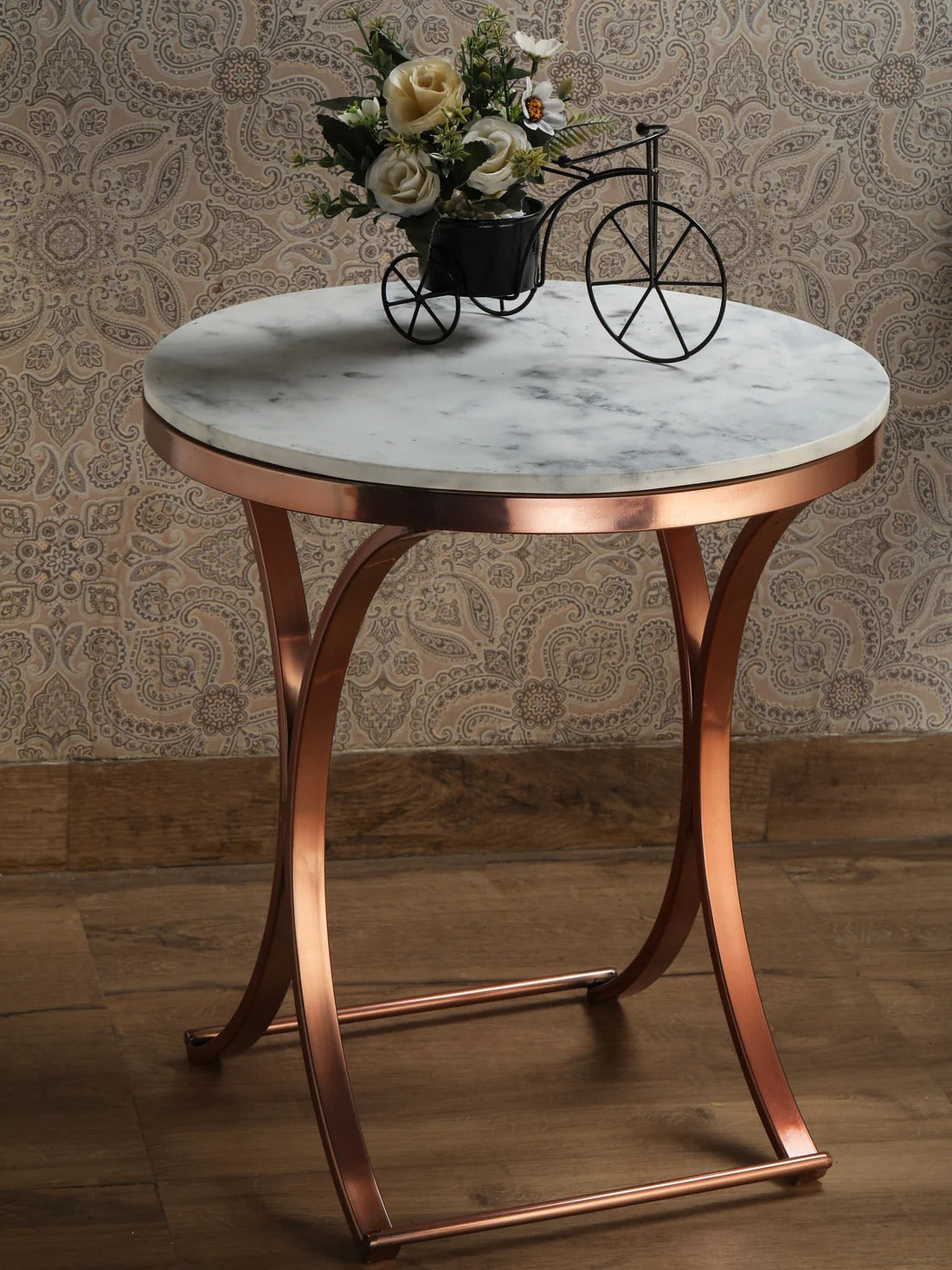 Premium Copper Metal Finish Coffee Side Table with Marble Top