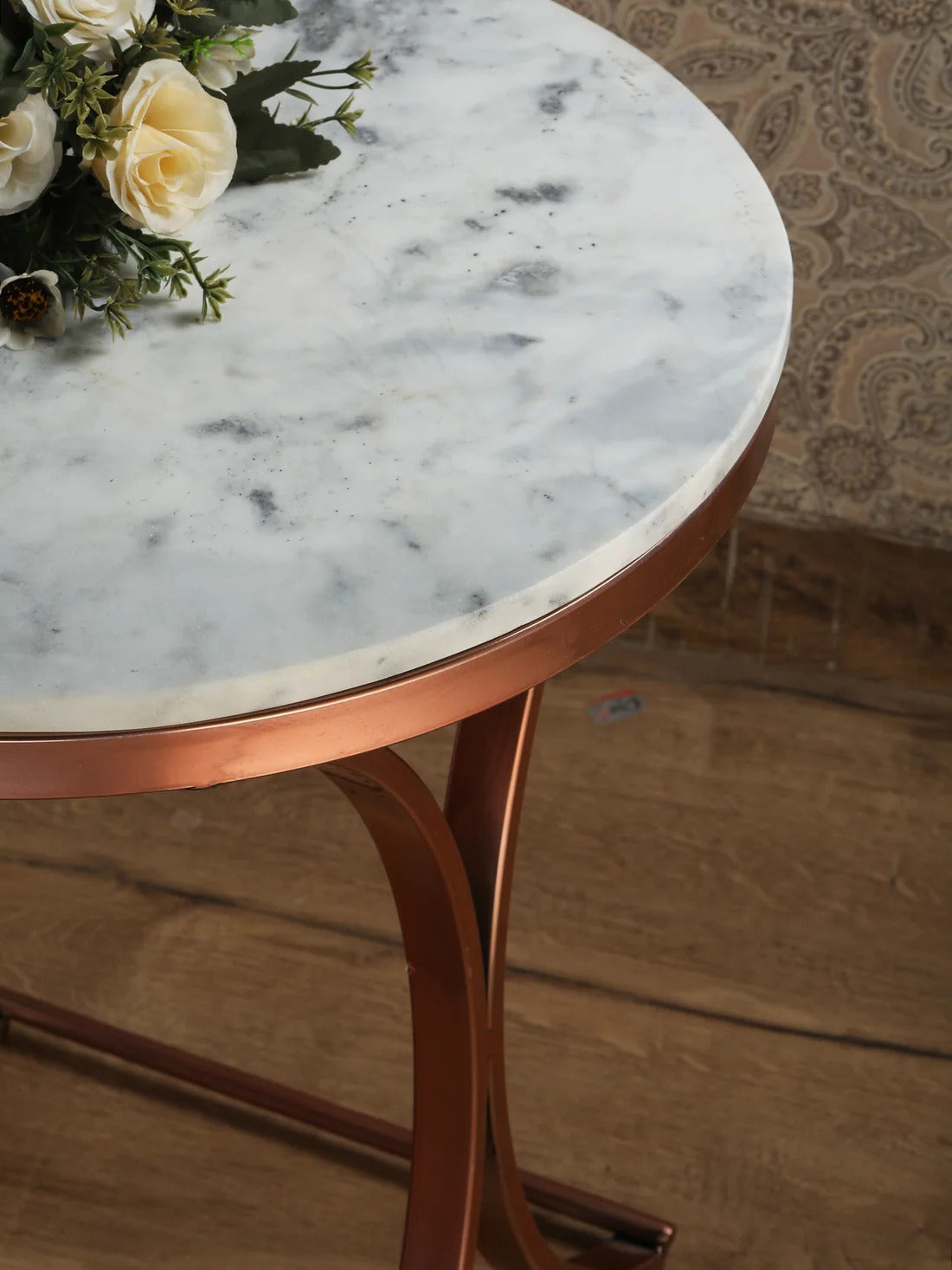 Premium Copper Metal Finish Coffee Side Table with Marble Top