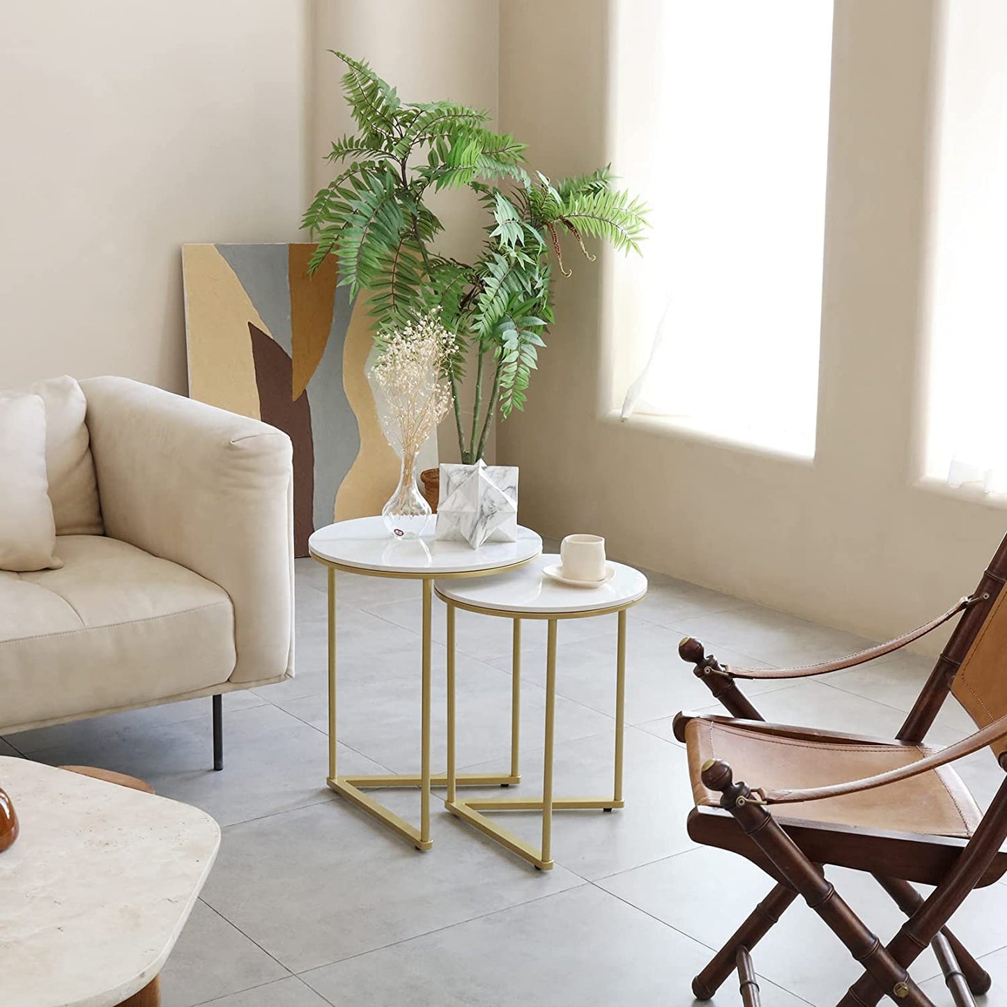 Round Shape Iron Stand Side Marble Table Set of 2