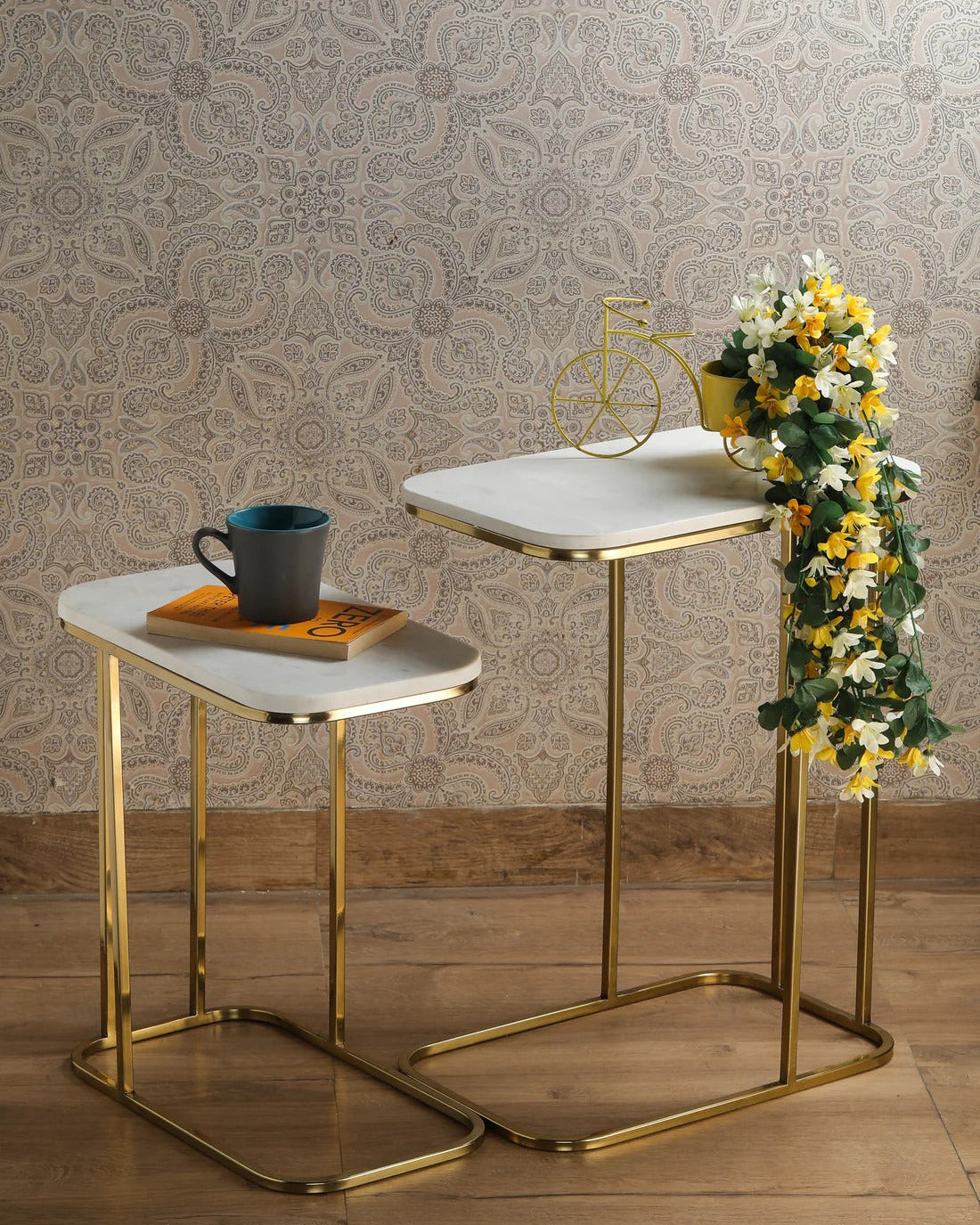 Tehran Rectangle Iron Stand Side Marble Table Set of 2