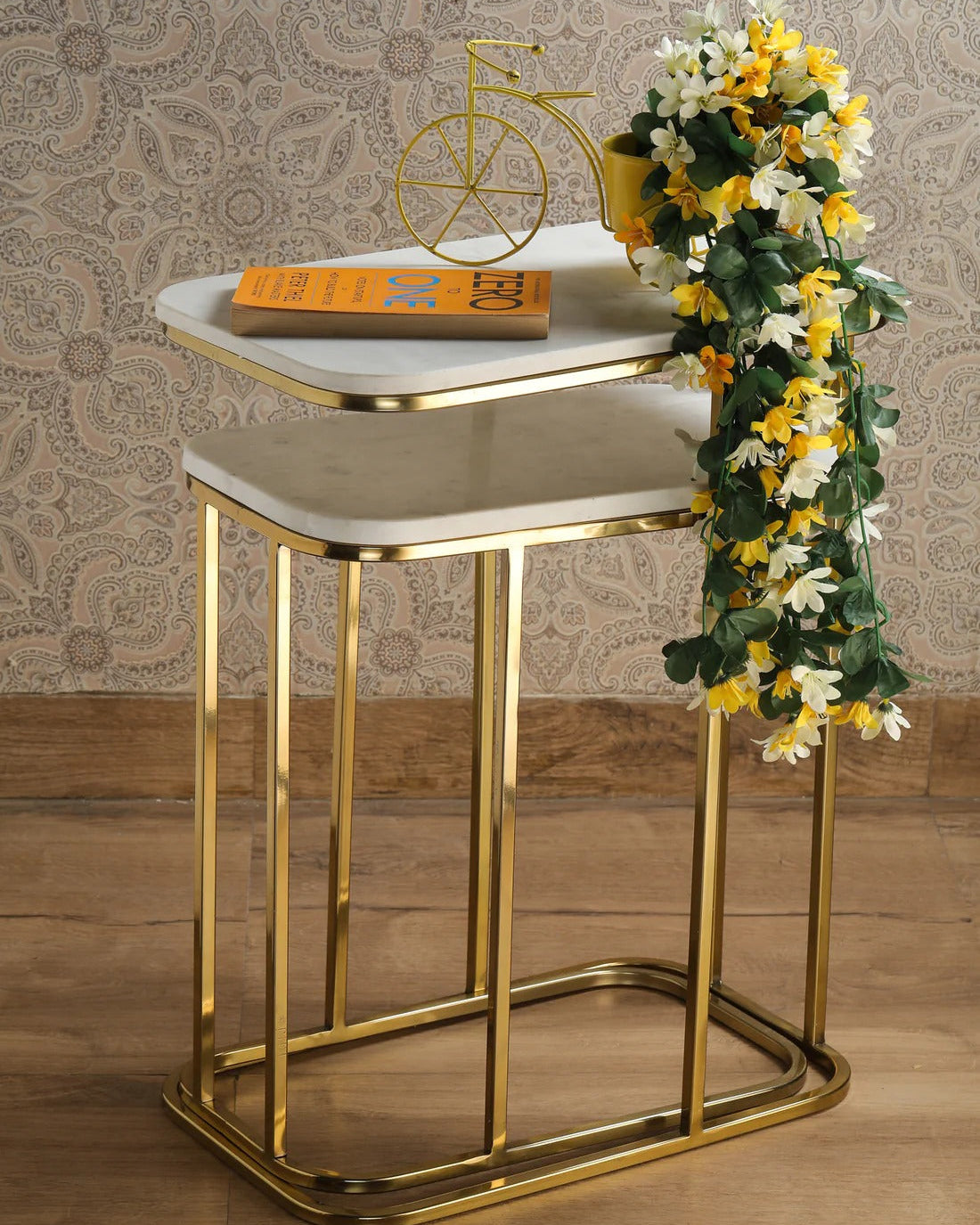 Tehran Rectangle Iron Stand Side Marble Table Set of 2