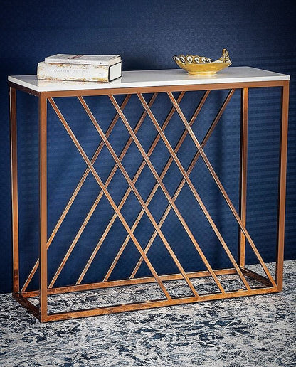 Unique Pattern Console Table with Copper Metal Finish