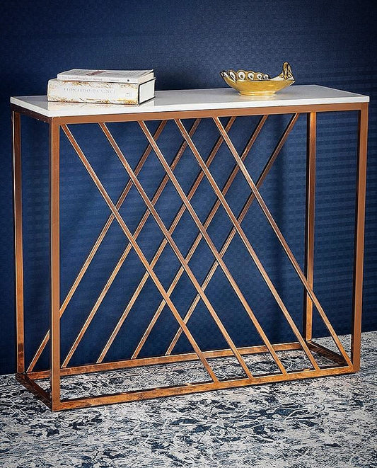 Unique Pattern Console Table with Copper Metal Finish