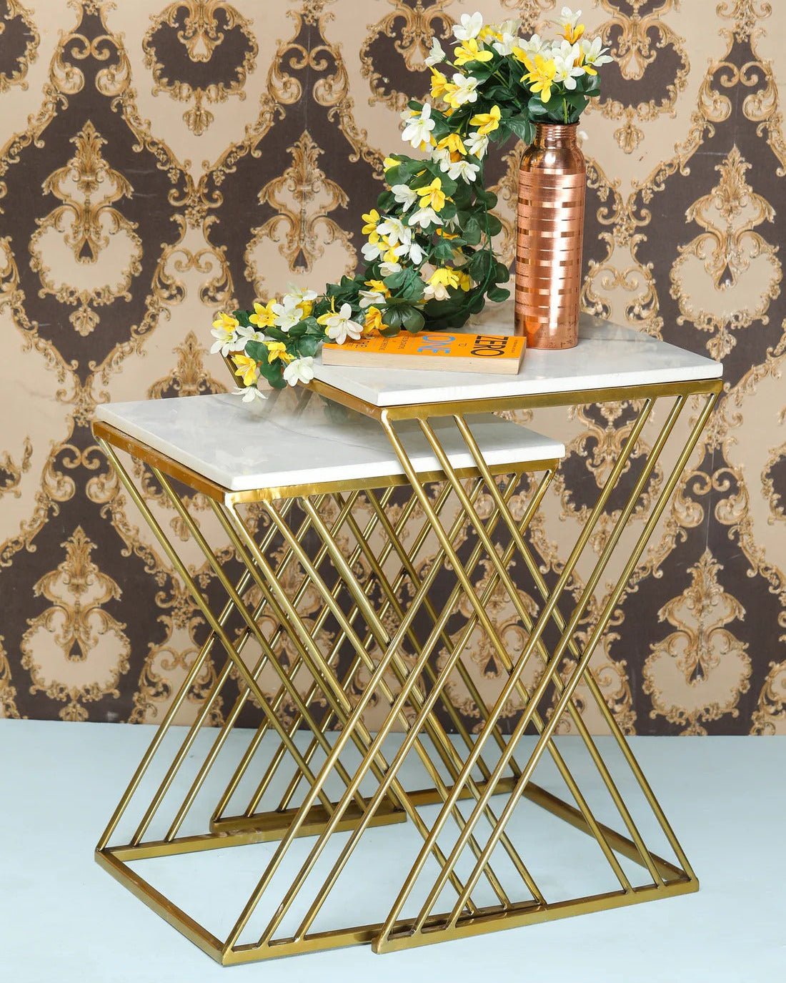 White Marble Golden Iron Stand Side Coffee Table Set of 2
