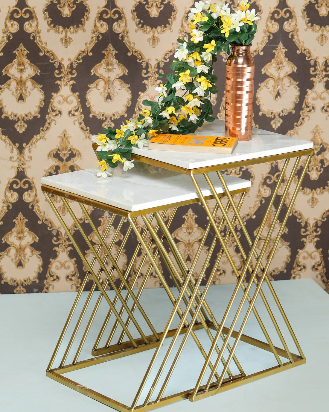 White Marble Golden Iron Stand Side Coffee Table Set of 2