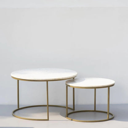 White Marble Round Iron Stand Coffee Tables Set of 2