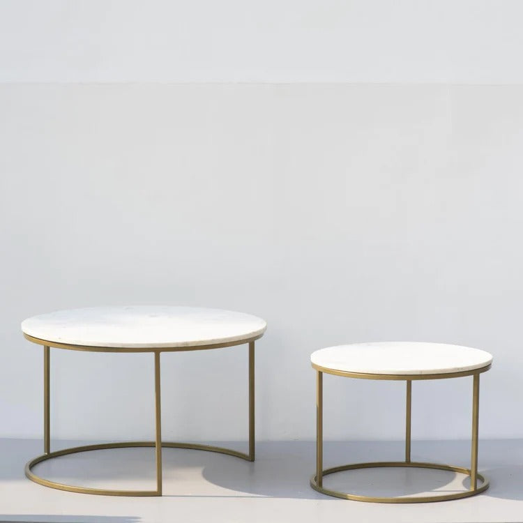 White Marble Round Iron Stand Coffee Tables Set of 2